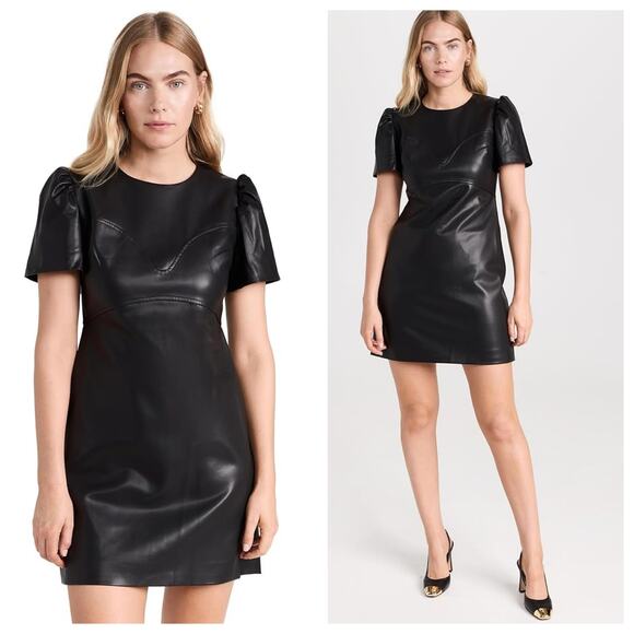 Tanya Taylor Antonella Mini Dress Size 6 Black Pleather Puff Sleeve Cocktail - Picture 1 of 14